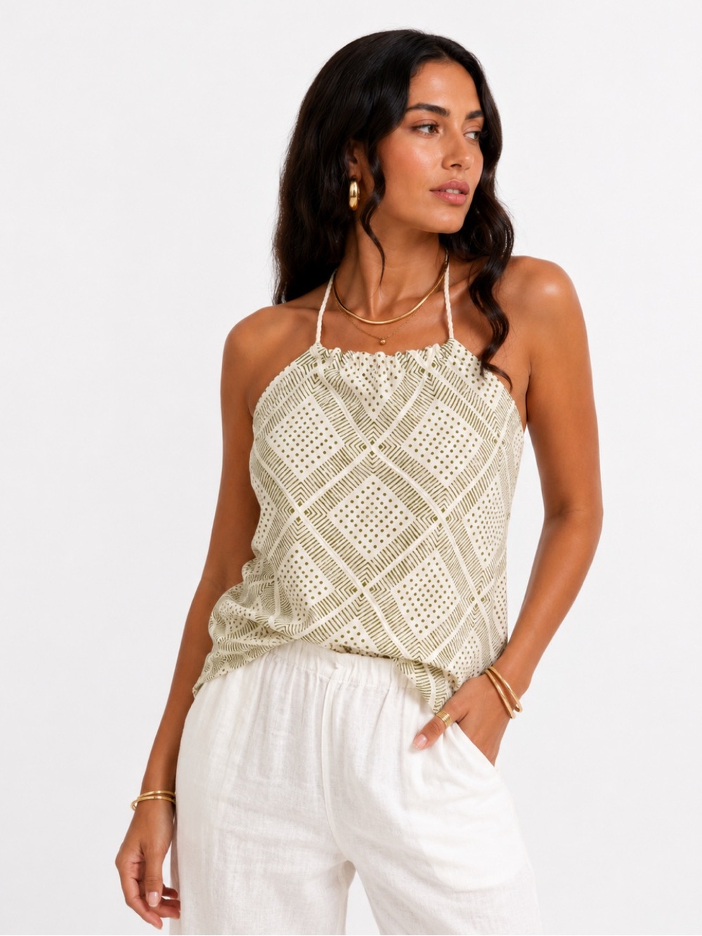 Upcycled Kravet 100% Cotton Square Print Halter Tank Top - Cream & Olive